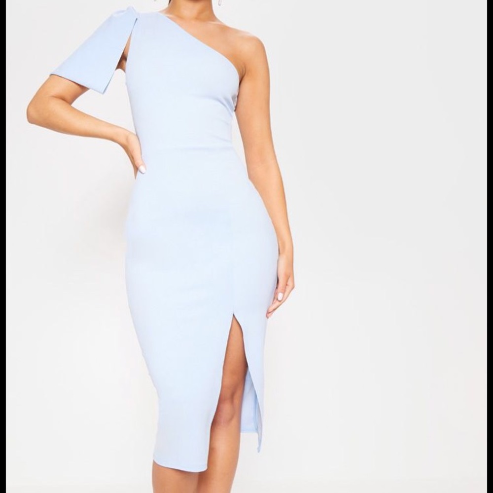 Baby Blue One Shoulder Bow Detail Midi Dress